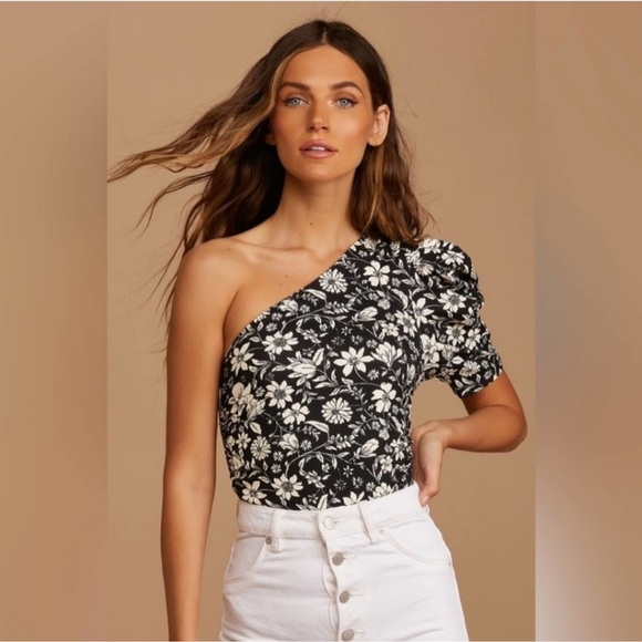 Free People Something Bout You Bodysuit Black White Floral Puff Sleeve XS - Picture 2 of 3